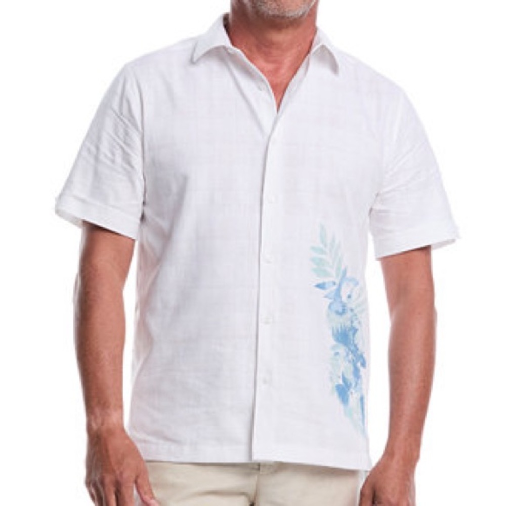 NWOT Cubavera Pure White Shirt with Blue Tropical Print Sz L